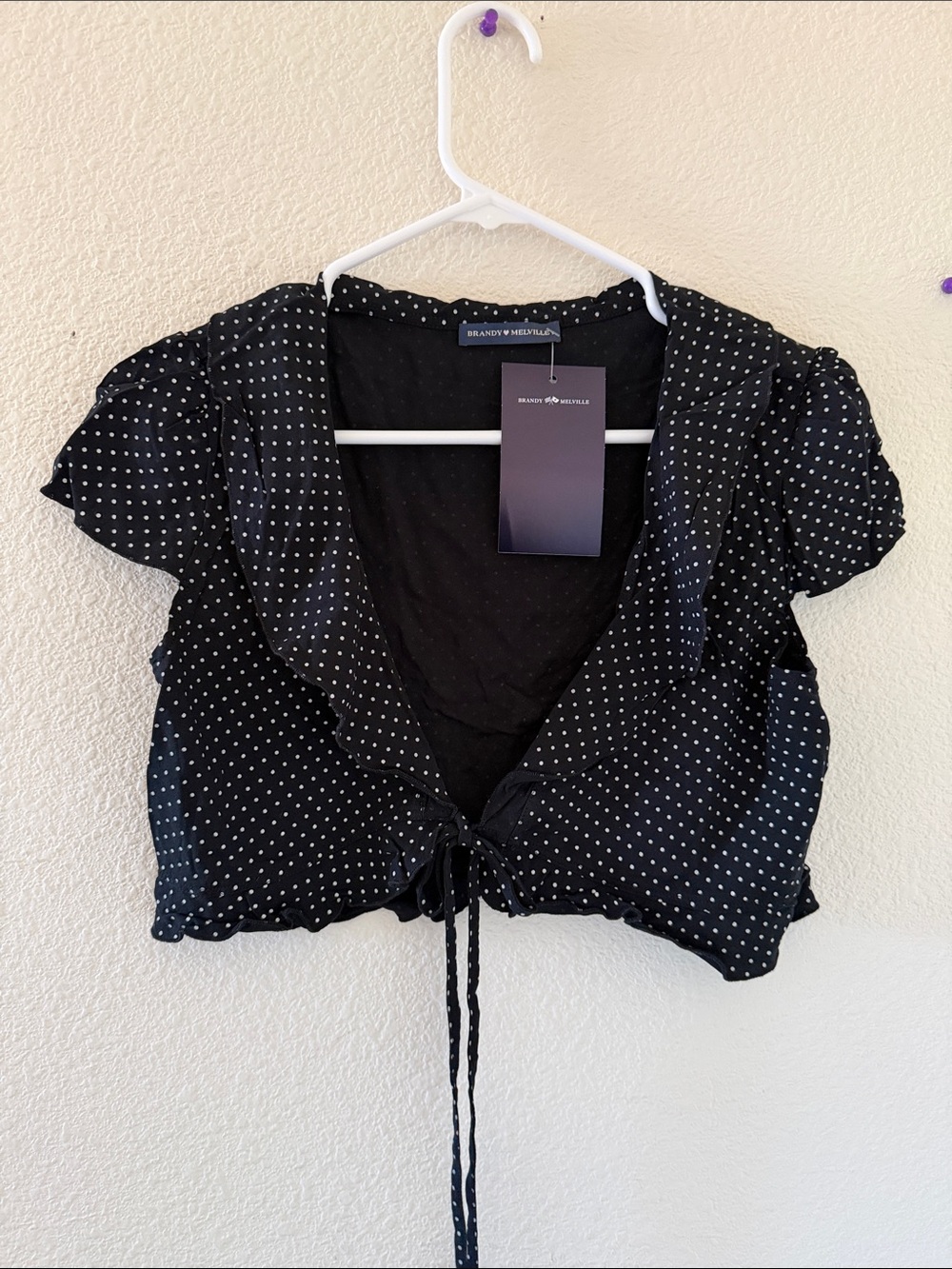 Brandy Melville Black White Polka Dot Tie-Front Crop Top